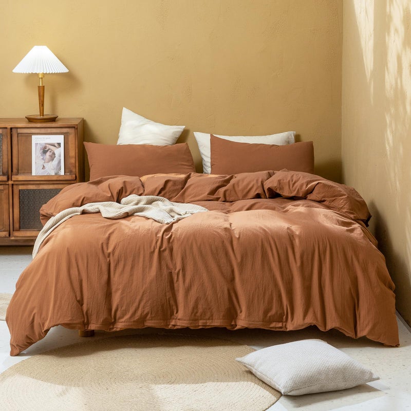 FOSSA Linen Duvet Cover Set 100 Washed Cotton Linen Feel Super Soft Breathable Cozy Simple Style 3 Pieces Bedding Sets Solid Dark Orange King