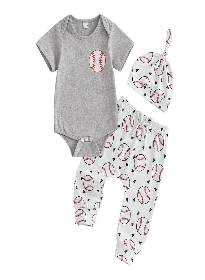 Lamuusaa Newborn Baby Boy Baseball Outfit Short Sleeve Baseball Romper Onesie Long Pants Hat 3Pcs Summer Clothes 0-18M (Grey, 0-3 Months) - Image 1