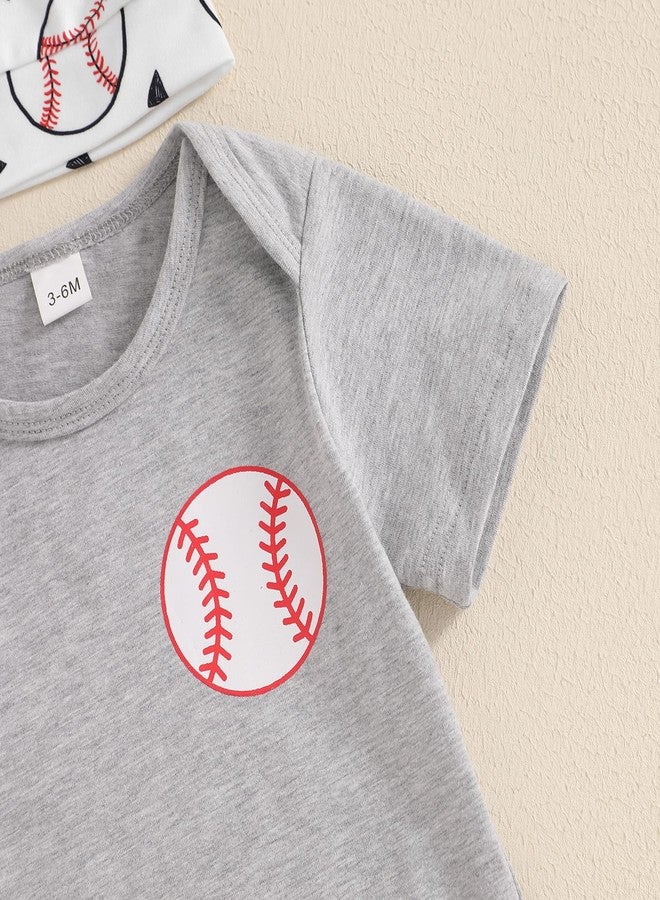 Lamuusaa Newborn Baby Boy Baseball Outfit Short Sleeve Baseball Romper Onesie Long Pants Hat 3Pcs Summer Clothes 0-18M (Grey, 0-3 Months) - Image 3