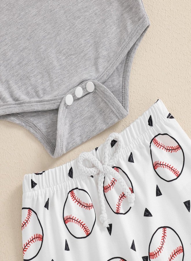 Lamuusaa Newborn Baby Boy Baseball Outfit Short Sleeve Baseball Romper Onesie Long Pants Hat 3Pcs Summer Clothes 0-18M (Grey, 0-3 Months) - Image 4