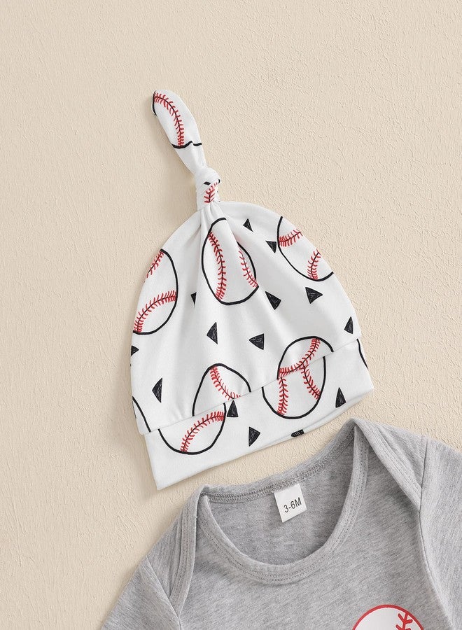 Lamuusaa Newborn Baby Boy Baseball Outfit Short Sleeve Baseball Romper Onesie Long Pants Hat 3Pcs Summer Clothes 0-18M (Grey, 0-3 Months) - Image 2