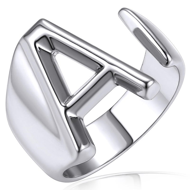 KeyStyle Initial A Ring, White Gold Chunky Bold Rings, Initial Rings for Women, Adjustable Letter Ring Open Alphabet Ring Jewelry - Image 1