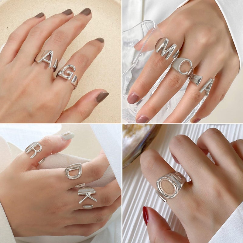 KeyStyle Initial A Ring, White Gold Chunky Bold Rings, Initial Rings for Women, Adjustable Letter Ring Open Alphabet Ring Jewelry - Image 3
