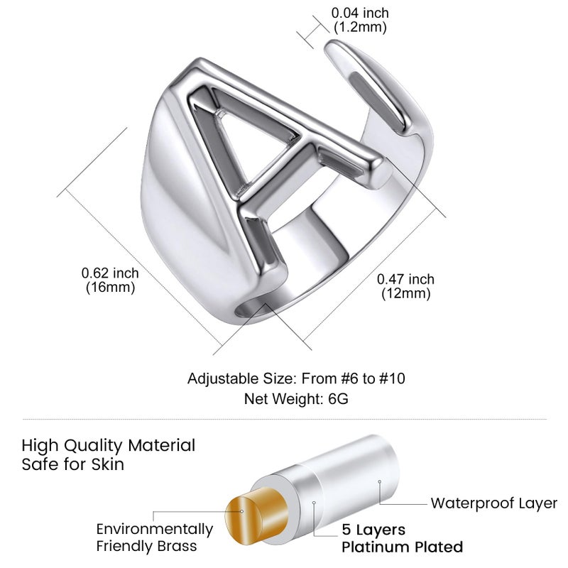 KeyStyle Initial A Ring, White Gold Chunky Bold Rings, Initial Rings for Women, Adjustable Letter Ring Open Alphabet Ring Jewelry - Image 5