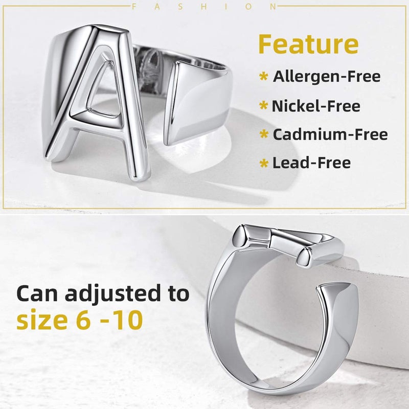 KeyStyle Initial A Ring, White Gold Chunky Bold Rings, Initial Rings for Women, Adjustable Letter Ring Open Alphabet Ring Jewelry - Image 4