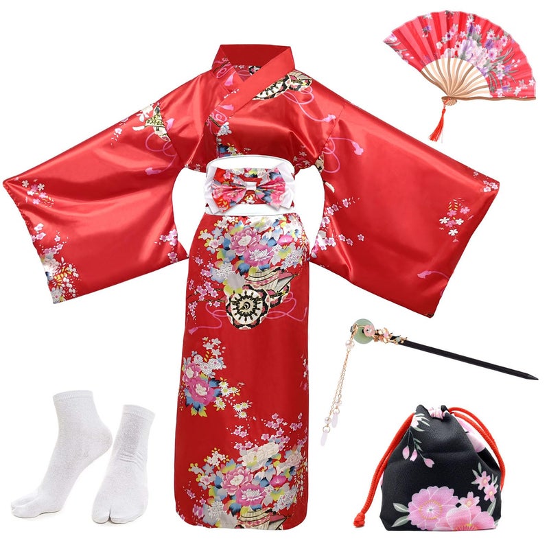 PLULON 5Pcs Japanese Dress Kimonos for Women Geisha Dress Yukata Japanese Robe Costume Blossom Satin Bathrobe with Drawstring Bag Hand Fan Hairpin Tabi Socks Set for Women - Image 1