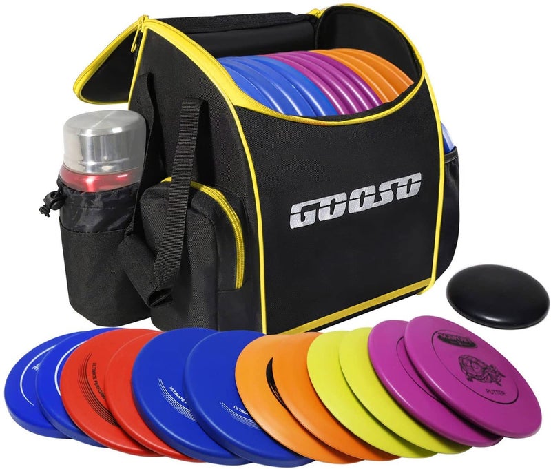 GOOSO Disc Golf Set with Bag 12 PCS Flying Disc Golf Discs for Beginner with Putter Midrange Driver Portable Disc Golf Backpack Holds 28 Discs Free Stand Bag Design for Convenient Use