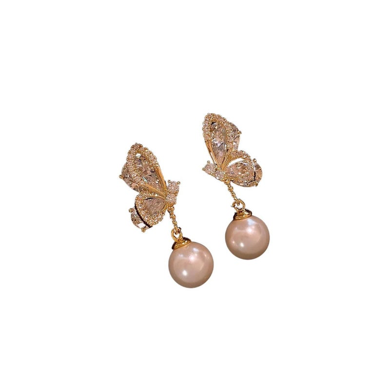 QX Gold Pearl Stud Drop Earrings with Rhinestone Detail and 925 Sterling Silver and Drop Accent Lightweight Statement Jewelry for Daily Wear and Dressy Styling - Image 1