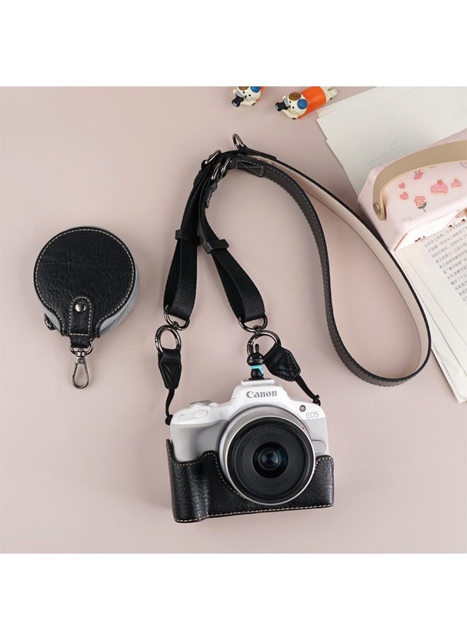 Generic Suitable For Canon R50 Camera Case R10 Micro Single Protective Case R100 Base Bag Accessories R5 Leather Case Cute Protective Case-Color:R50/r100 Lili Pattern (black) Single Base + V303 Shoulder Strap + Small Bag, Free Screen Tempered Film  - Image 1