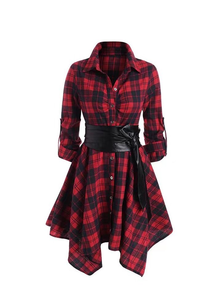 Loquat European And American Women's Plaid Belt Dress 