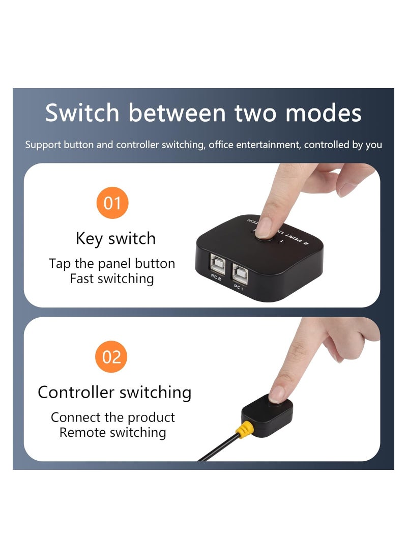 USB Printer Sharing Switch, Automatic 2 PCs Share 1 USB Device for 2 Computers Share Keyboard Mouse Scanner Printer, with Desktop Controller and 2 USB Cables Included, for All OS