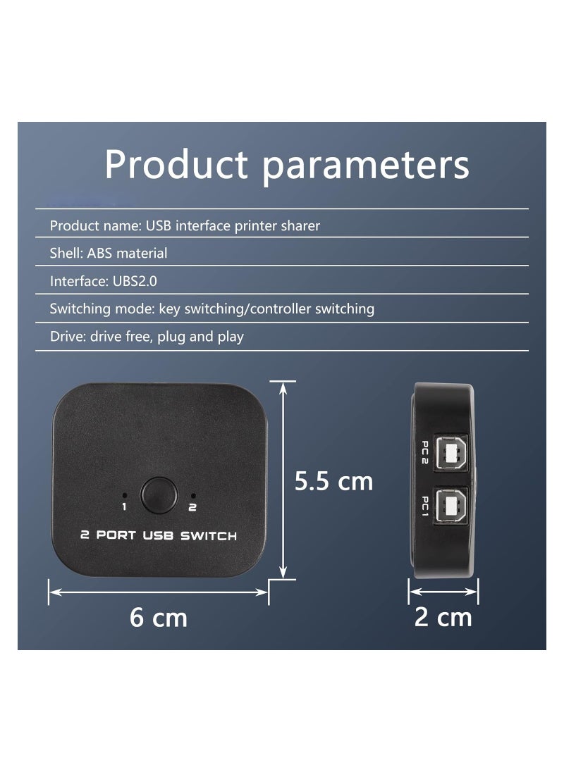 USB Printer Sharing Switch, Automatic 2 PCs Share 1 USB Device for 2 Computers Share Keyboard Mouse Scanner Printer, with Desktop Controller and 2 USB Cables Included, for All OS
