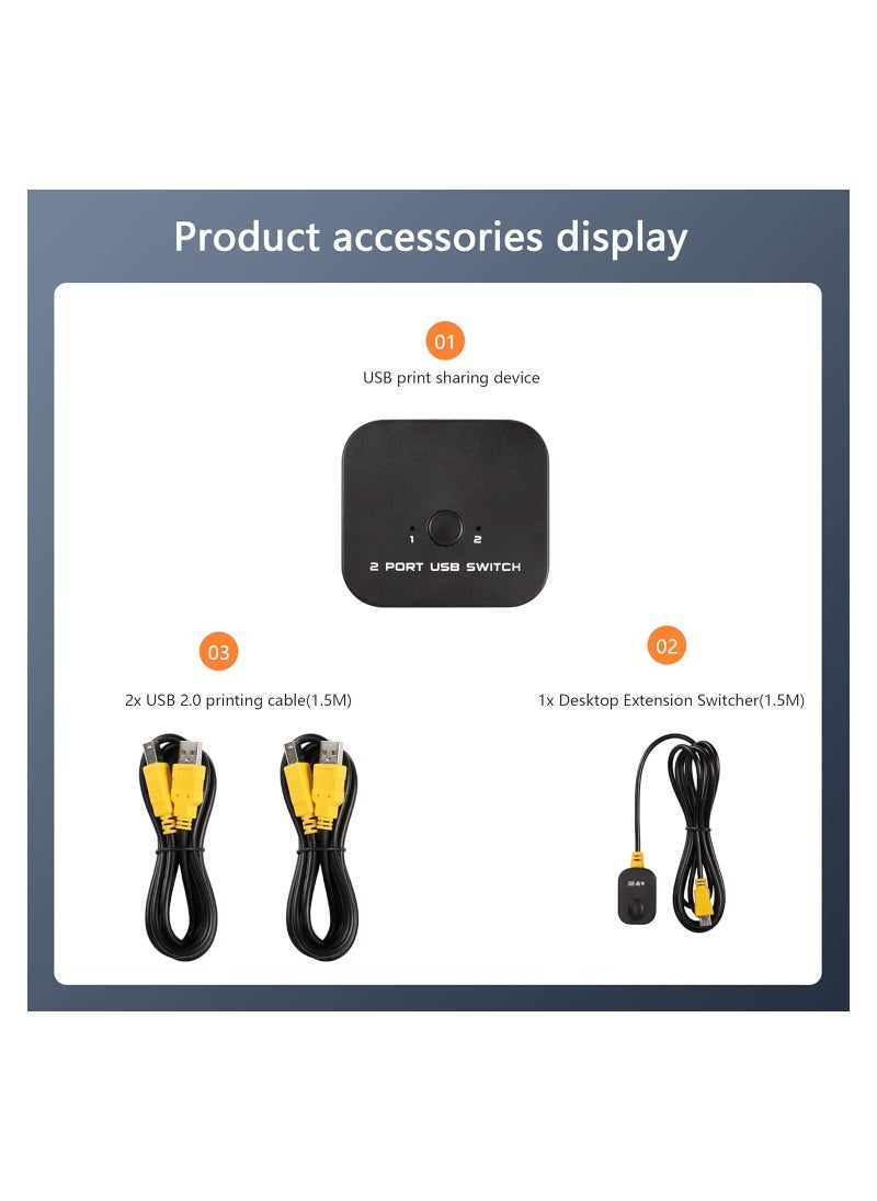 USB Printer Sharing Switch, Automatic 2 PCs Share 1 USB Device for 2 Computers Share Keyboard Mouse Scanner Printer, with Desktop Controller and 2 USB Cables Included, for All OS