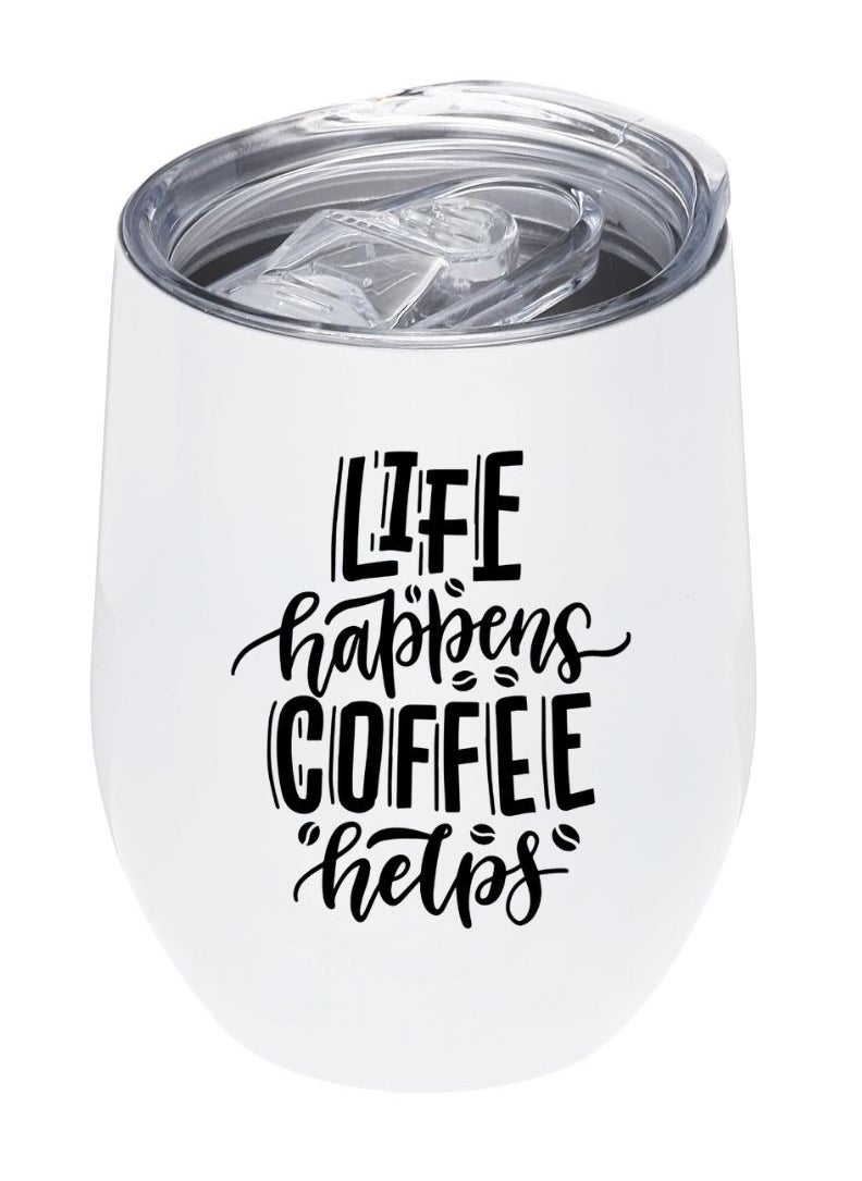 LOUD UNIVERSE White Stainless Steel Insulated Tumbler 12Oz With Lid Printed First Life Happens Coffee Helps Quote, Perfect Cute Gift For Hot And Cold Drinks  - Image 1