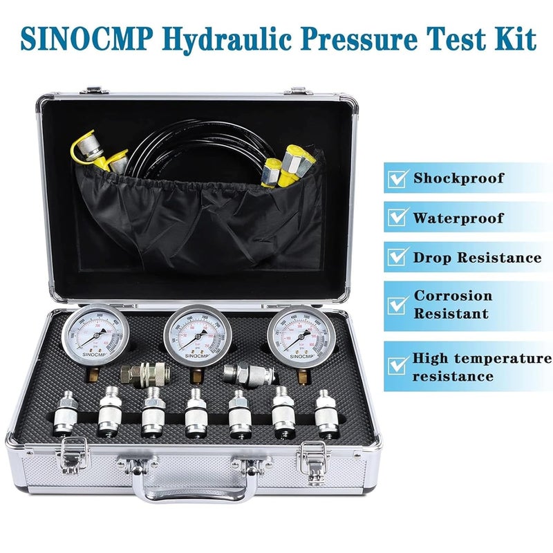 SINOCMP طقم اختبار ضغط هيدروليكي مع 3 عدادات 25/40/60 مPa، 9 وصلات، 3 خراطيم اختبار، مجموعة مختبر عدادات هيدروليكية لمعدات البناء للحفارات - Image 3