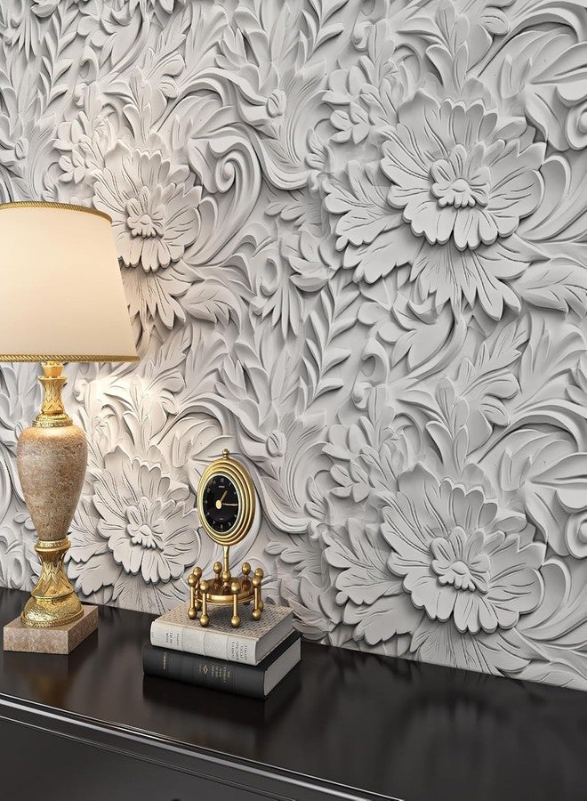 FunStick 17.5"x354" White Peel and Stick Wallpaper Faux 3D Embossed Floral Wallpaper Self Adhesive White Floral Contact Paper Peel and Stick Wall Paper Roll for Bedroom Living Room Wall Panel Decor - Image 2