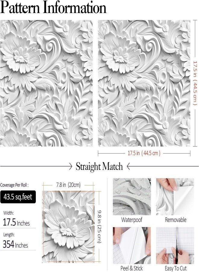 FunStick 17.5"x354" White Peel and Stick Wallpaper Faux 3D Embossed Floral Wallpaper Self Adhesive White Floral Contact Paper Peel and Stick Wall Paper Roll for Bedroom Living Room Wall Panel Decor - Image 4