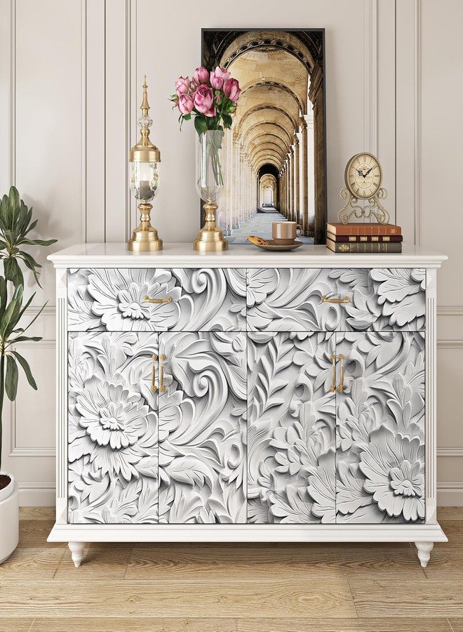 FunStick 17.5"x354" White Peel and Stick Wallpaper Faux 3D Embossed Floral Wallpaper Self Adhesive White Floral Contact Paper Peel and Stick Wall Paper Roll for Bedroom Living Room Wall Panel Decor - Image 5