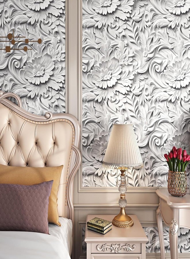 FunStick 17.5"x354" White Peel and Stick Wallpaper Faux 3D Embossed Floral Wallpaper Self Adhesive White Floral Contact Paper Peel and Stick Wall Paper Roll for Bedroom Living Room Wall Panel Decor - Image 3