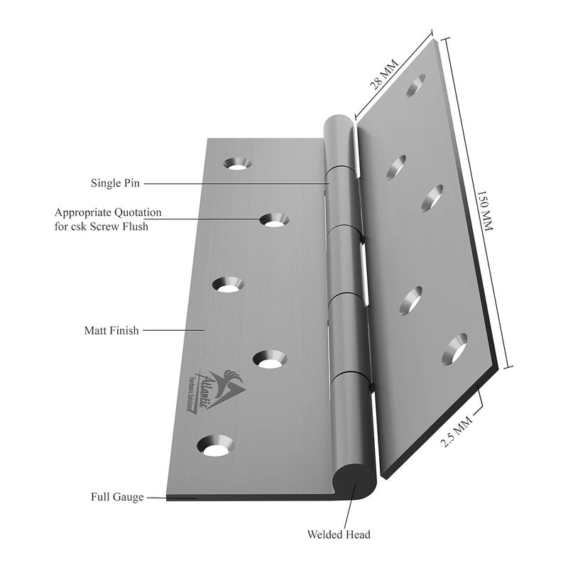 Atlantic Atlantic Heavy Door Hinges 6 Inch x 12 Gauge25 MM Thickness Premium Stainless Steel Welded Head Matt Finish Pack of 12 Pcs  - Image 4
