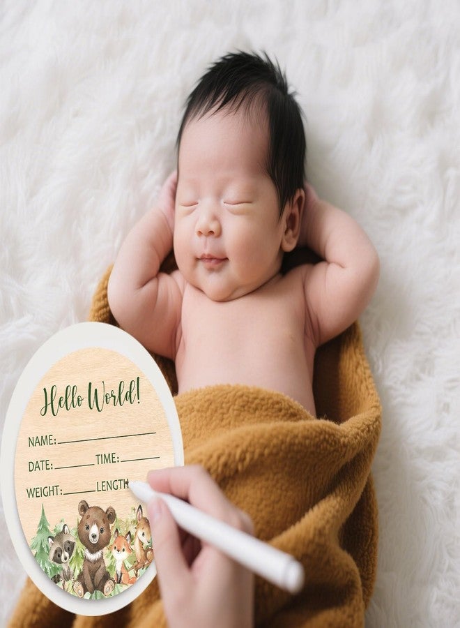 Andrain Double-Sided Wooden Newborn Birth Sign, Woodland Animals Baby Announcement Sign, Forest Boy Hello World Name Sign for Hospital, Gift for New Mom Baby Shower, Photography Prop - Image 5