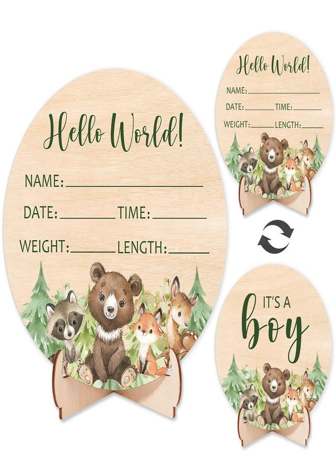 Andrain Double-Sided Wooden Newborn Birth Sign, Woodland Animals Baby Announcement Sign, Forest Boy Hello World Name Sign for Hospital, Gift for New Mom Baby Shower, Photography Prop - Image 1