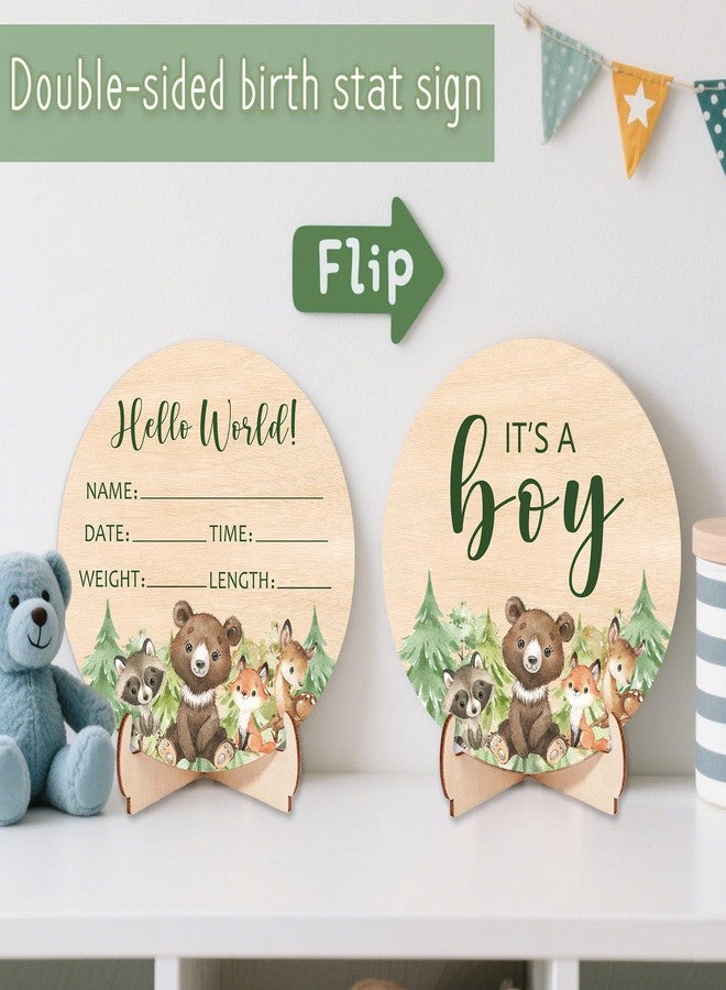 Andrain Double-Sided Wooden Newborn Birth Sign, Woodland Animals Baby Announcement Sign, Forest Boy Hello World Name Sign for Hospital, Gift for New Mom Baby Shower, Photography Prop - Image 2