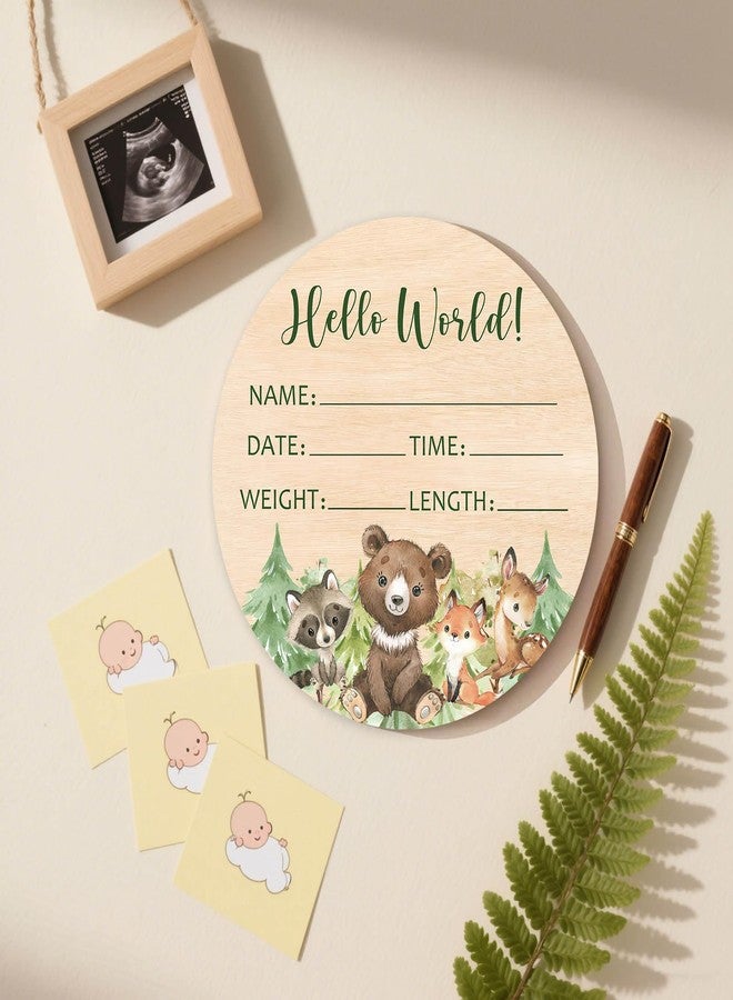 Andrain Double-Sided Wooden Newborn Birth Sign, Woodland Animals Baby Announcement Sign, Forest Boy Hello World Name Sign for Hospital, Gift for New Mom Baby Shower, Photography Prop - Image 4