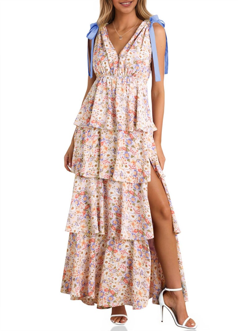 Wenrine Womens Summer Boho Floral Maxi Dress Tie Strap Sleeveless V Neck High Slit Ruffle Tiered Beach Dresses Violet - Image 1