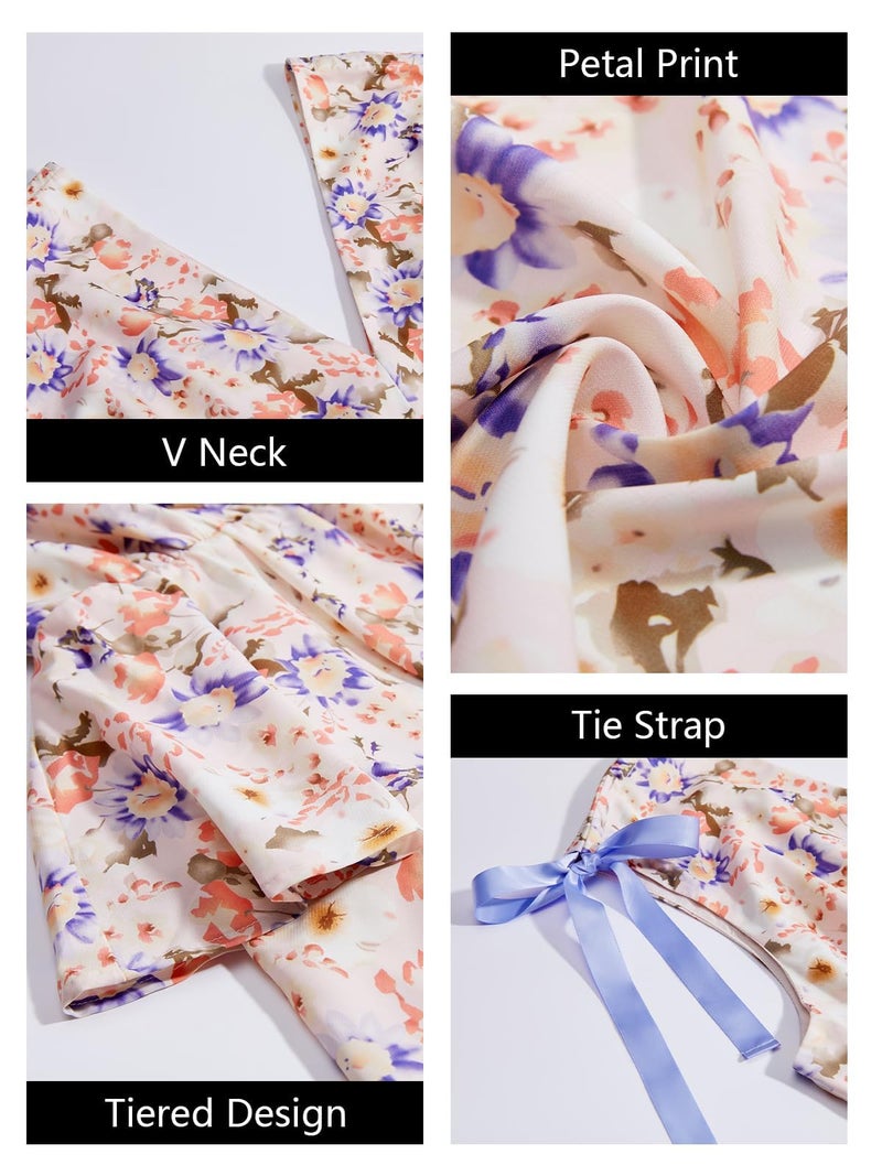 Wenrine Womens Summer Boho Floral Maxi Dress Tie Strap Sleeveless V Neck High Slit Ruffle Tiered Beach Dresses Violet - Image 5