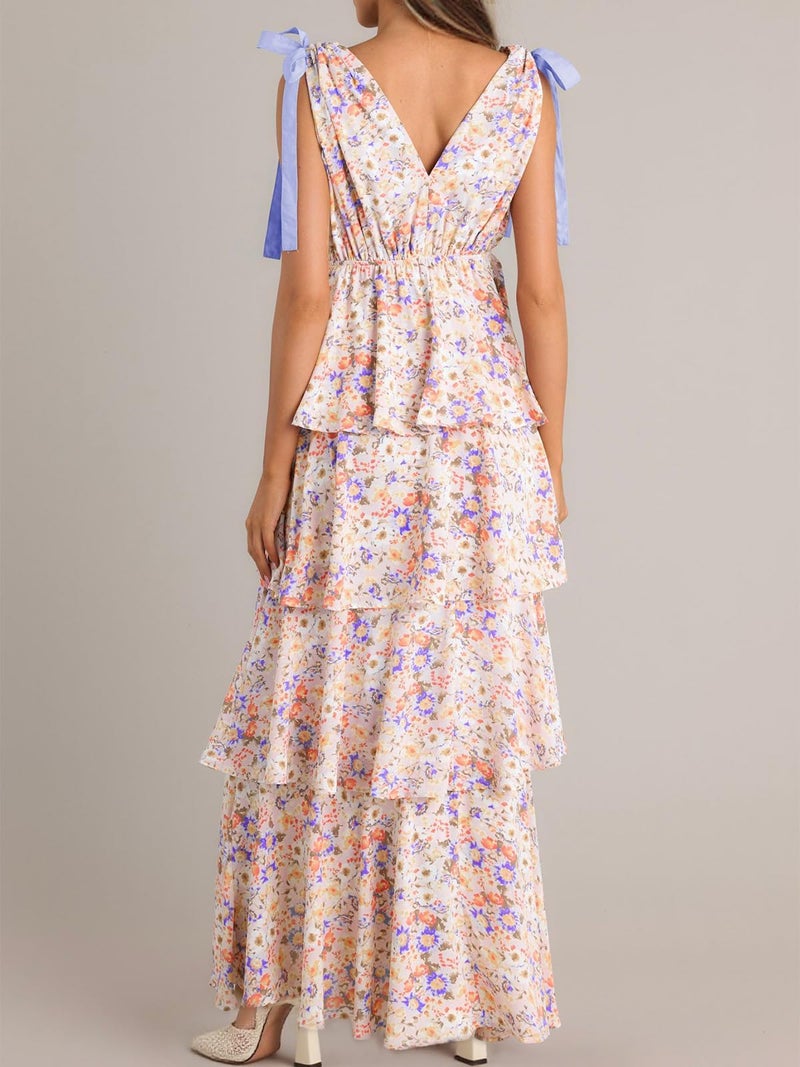 Wenrine Womens Summer Boho Floral Maxi Dress Tie Strap Sleeveless V Neck High Slit Ruffle Tiered Beach Dresses Violet - Image 3