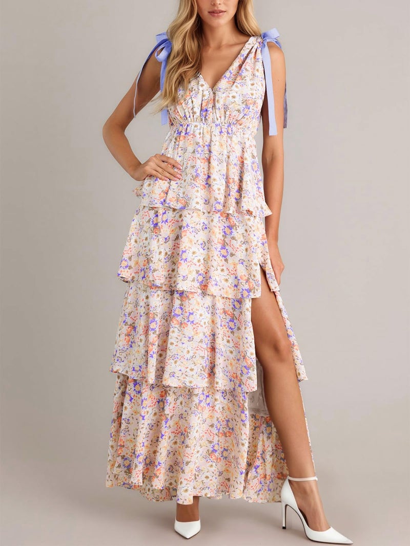 Wenrine Womens Summer Boho Floral Maxi Dress Tie Strap Sleeveless V Neck High Slit Ruffle Tiered Beach Dresses Violet - Image 2