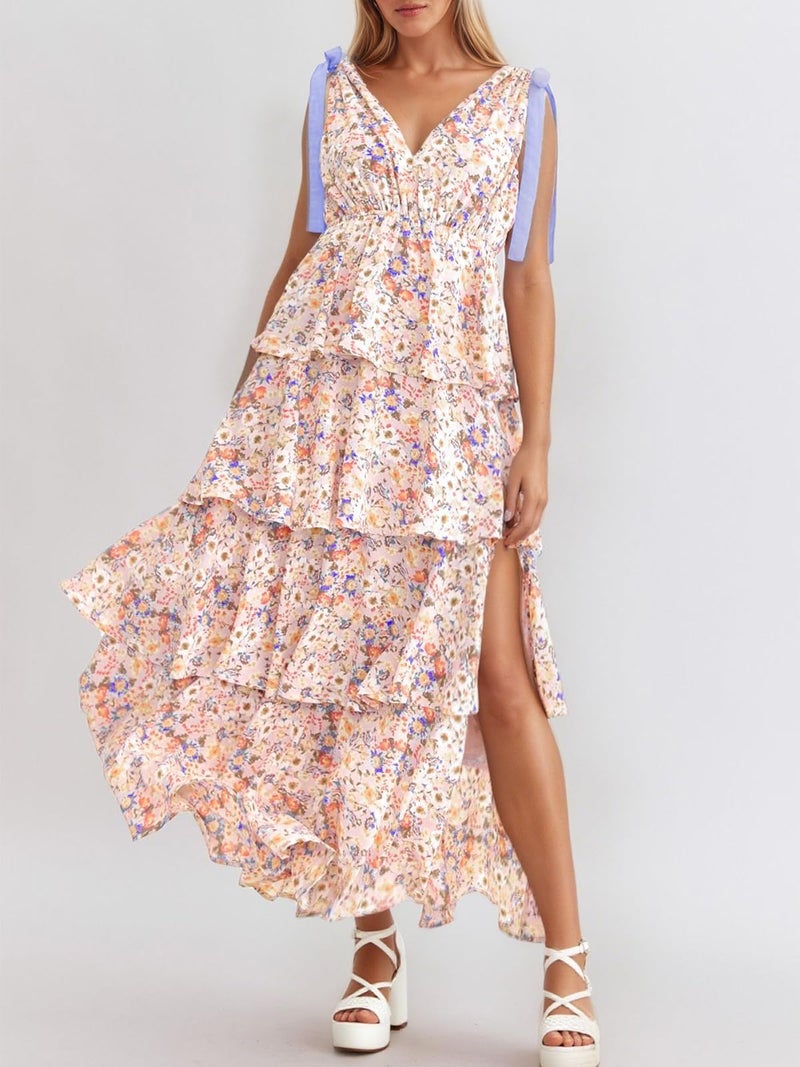 Wenrine Womens Summer Boho Floral Maxi Dress Tie Strap Sleeveless V Neck High Slit Ruffle Tiered Beach Dresses Violet - Image 4