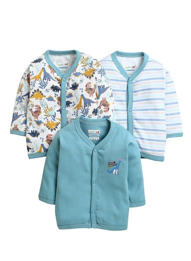 BUMZEE قميص أولاد بأكمام طويلة من القطن من BUMZEE باللونين الأزرق الترابي والأبيض، عبوة من 3 قطع، العمر من 6 إلى 9 أشهر (Peb10030D-dbl) - Image 1