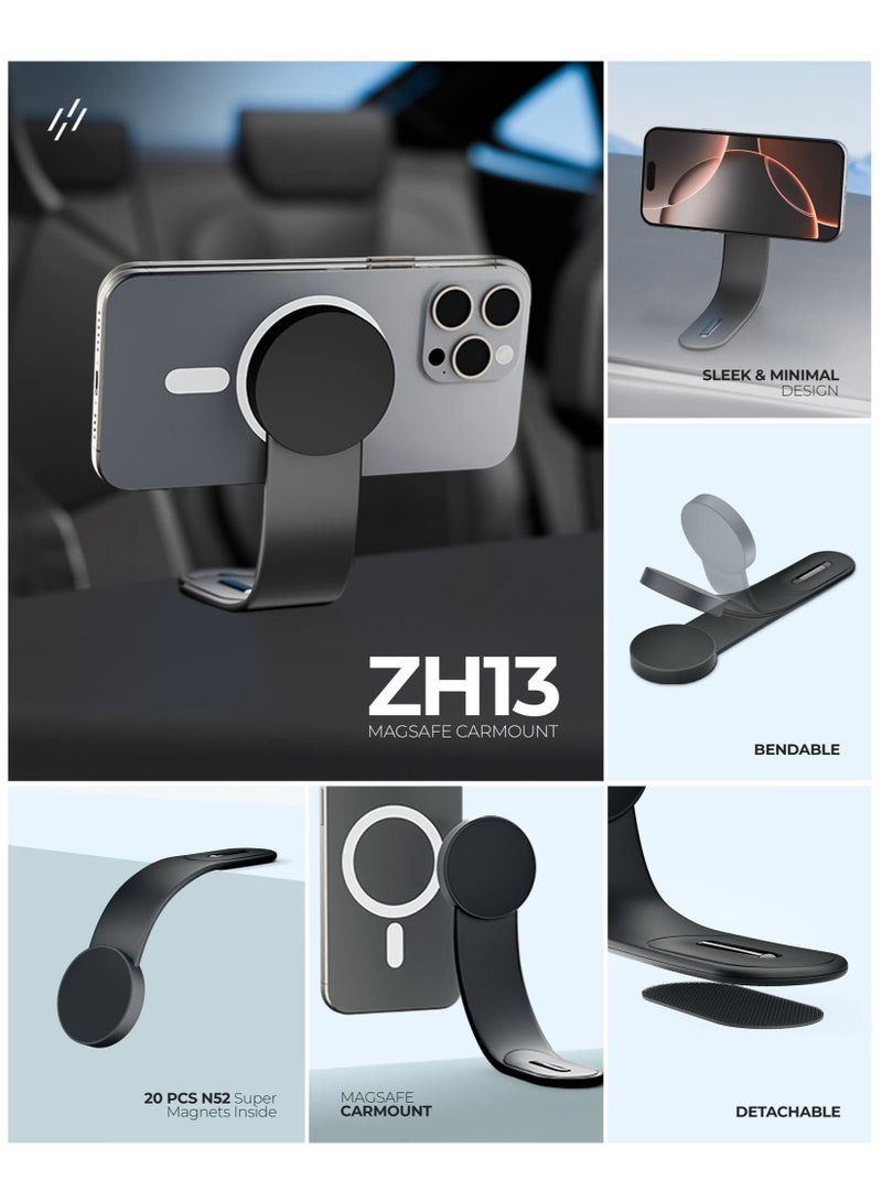 هيتز حامل سيارة مغناطيسي MagSafe، تصميم أنيق وبسيط، حامل هاتف مغناطيسي قابل للانحناء مزوّد بمغناطيسات N52 فائقة القوة، قاعدة قابلة للفصل للوحة القيادة، حامل مغناطيسي مرن للهاتف، مناسب لجميع السيارات، والطاولات، والجدران. - Image 2