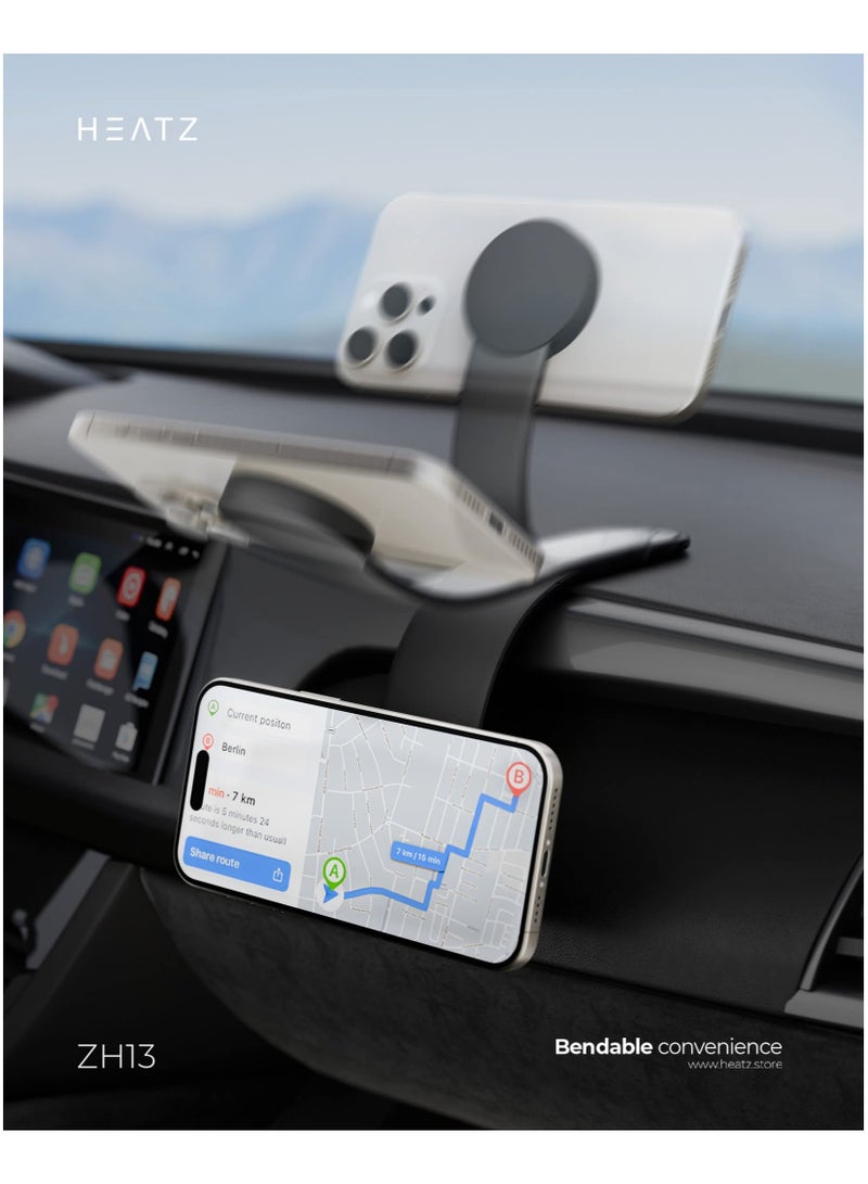 هيتز حامل سيارة مغناطيسي MagSafe، تصميم أنيق وبسيط، حامل هاتف مغناطيسي قابل للانحناء مزوّد بمغناطيسات N52 فائقة القوة، قاعدة قابلة للفصل للوحة القيادة، حامل مغناطيسي مرن للهاتف، مناسب لجميع السيارات، والطاولات، والجدران. - Image 5
