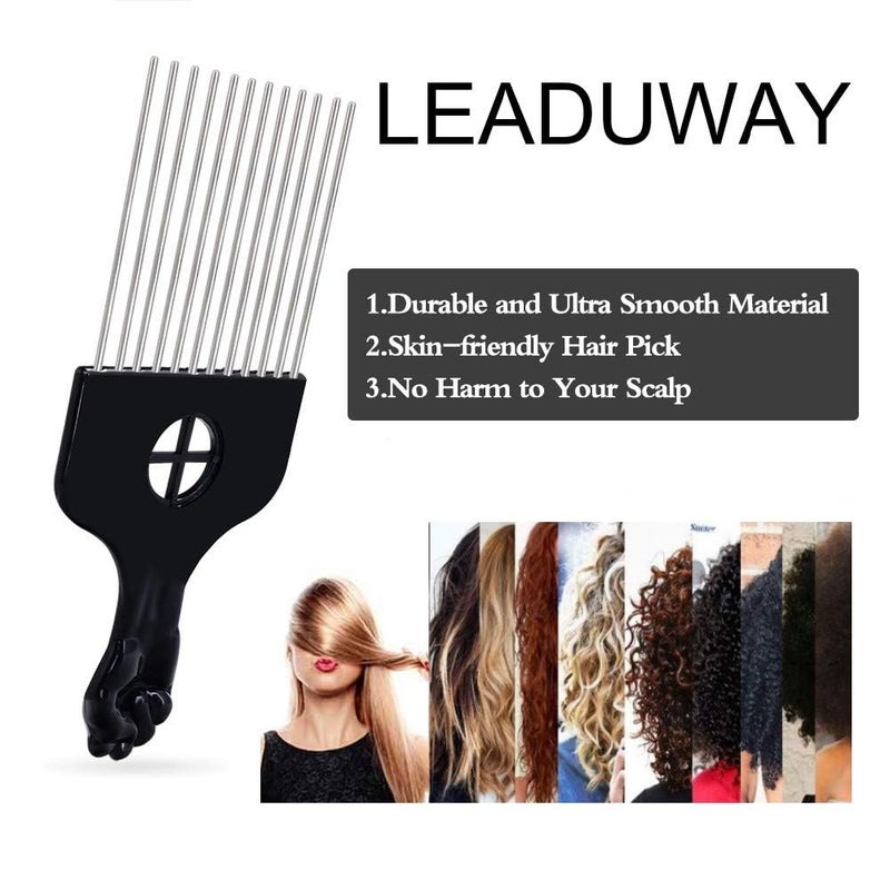 LEADUWAY 6Pcs Afro Picks Metal Hair Combs, Steel Teeth Hair Pick for Curly, Coily, Natural Hair, Detangling, Styling Comb for Men Women (Black) - Image 3