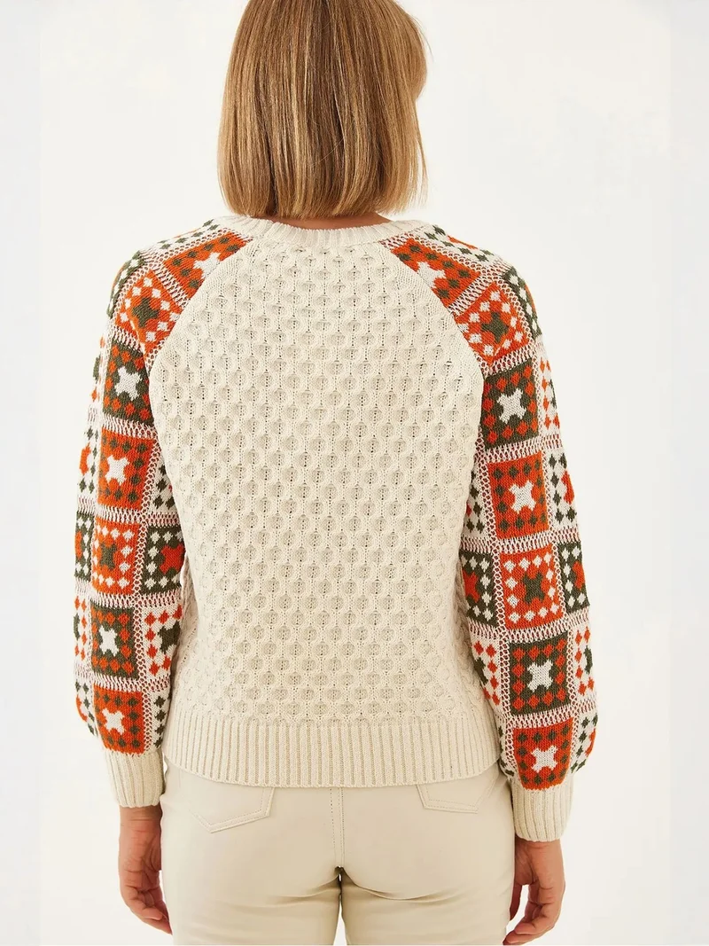 Bianco Lucci Ivory Natural LUCCI Textured Knitwear Crew Neck Sweater for Women | Best Price UAE