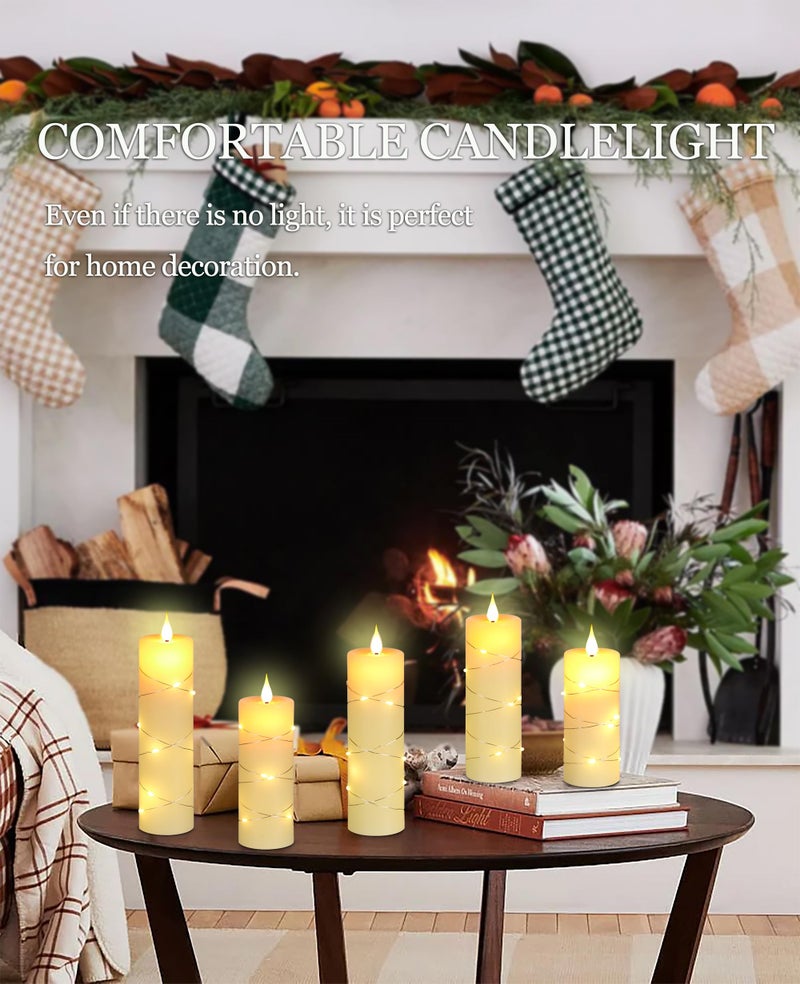 Da by Flickering Flameless Candles with String Lights, Battery Operated Candles with Remote and Timer, LED Pillar Candle Real Wax,5 Pack-Ivory White - Image 2
