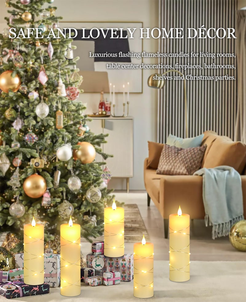 Da by Flickering Flameless Candles with String Lights, Battery Operated Candles with Remote and Timer, LED Pillar Candle Real Wax,5 Pack-Ivory White - Image 3