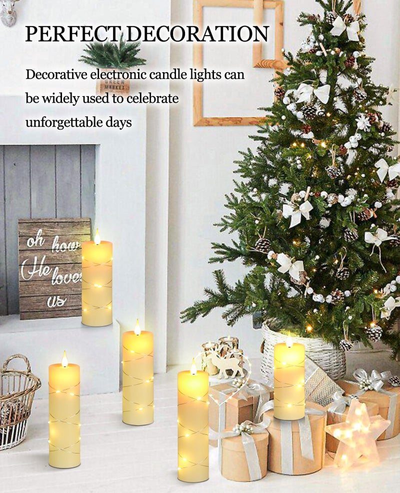 Da by Flickering Flameless Candles with String Lights, Battery Operated Candles with Remote and Timer, LED Pillar Candle Real Wax,5 Pack-Ivory White - Image 4