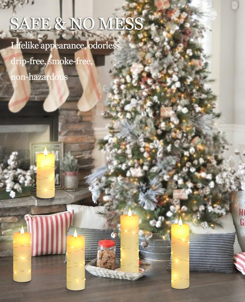 Da by Flickering Flameless Candles with String Lights, Battery Operated Candles with Remote and Timer, LED Pillar Candle Real Wax,5 Pack-Ivory White - Image 5