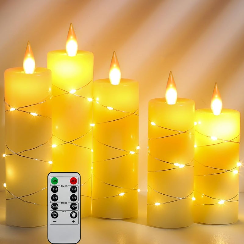 Da by Flickering Flameless Candles with String Lights, Battery Operated Candles with Remote and Timer, LED Pillar Candle Real Wax,5 Pack-Ivory White - Image 1