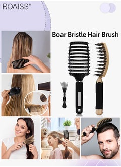 roaiss Boar Bristle Hair Brush 2 Pack Set Dry/Wet Hair Brush Detangler for Fine, Thick, Curly Hair Curved and Vented Hair Brush for Women, Men with Comb Cleaning Claw (Black and Gold)  - Image 1