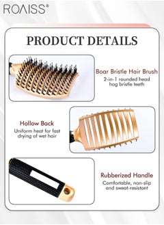 roaiss Boar Bristle Hair Brush 2 Pack Set Dry/Wet Hair Brush Detangler for Fine, Thick, Curly Hair Curved and Vented Hair Brush for Women, Men with Comb Cleaning Claw (Black and Gold)  - Image 3