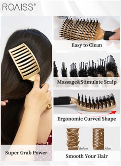 roaiss Boar Bristle Hair Brush 2 Pack Set Dry/Wet Hair Brush Detangler for Fine, Thick, Curly Hair Curved and Vented Hair Brush for Women, Men with Comb Cleaning Claw (Black and Gold)  - Image 4