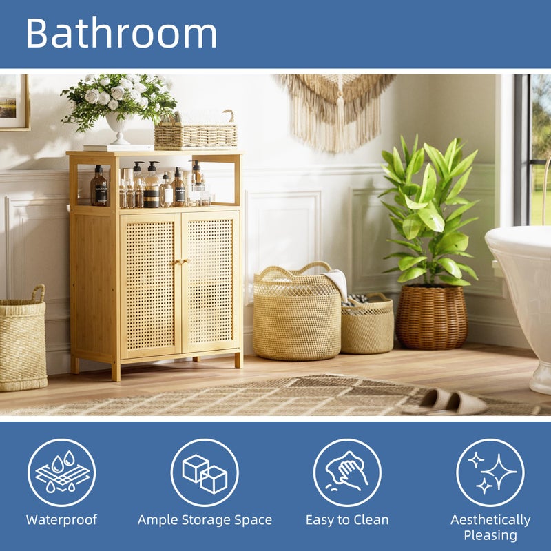 HITNET Rattan Bathroom Storage Cabinet, Bamboo Floor Cupboard with 2 Doors, Freestanding Side Organizer for Living Room, Kitchen, Entryway, Natural - Image 4