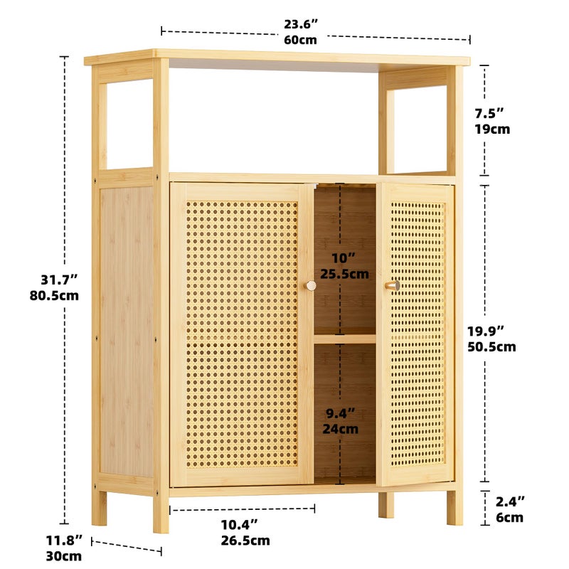 HITNET Rattan Bathroom Storage Cabinet, Bamboo Floor Cupboard with 2 Doors, Freestanding Side Organizer for Living Room, Kitchen, Entryway, Natural - Image 3