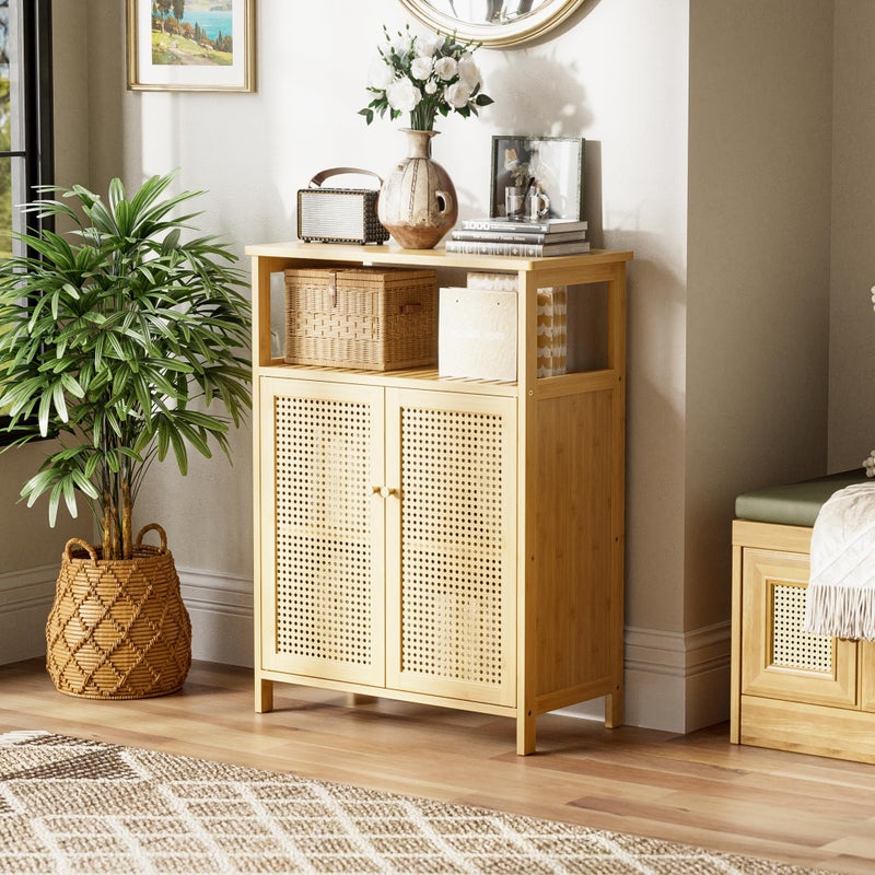 HITNET Rattan Bathroom Storage Cabinet, Bamboo Floor Cupboard with 2 Doors, Freestanding Side Organizer for Living Room, Kitchen, Entryway, Natural - Image 2