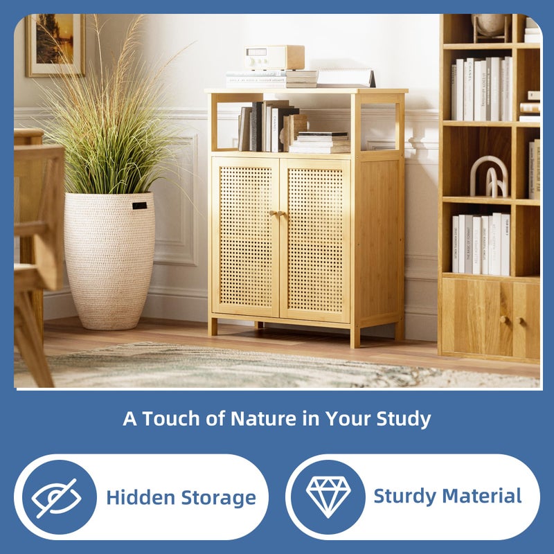 HITNET Rattan Bathroom Storage Cabinet, Bamboo Floor Cupboard with 2 Doors, Freestanding Side Organizer for Living Room, Kitchen, Entryway, Natural - Image 5